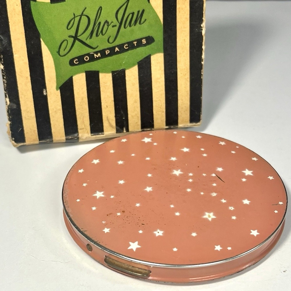 Vintage Rho-Jan Pink Star Metal Compact Round Mirrored‎ Powder Box Original Box